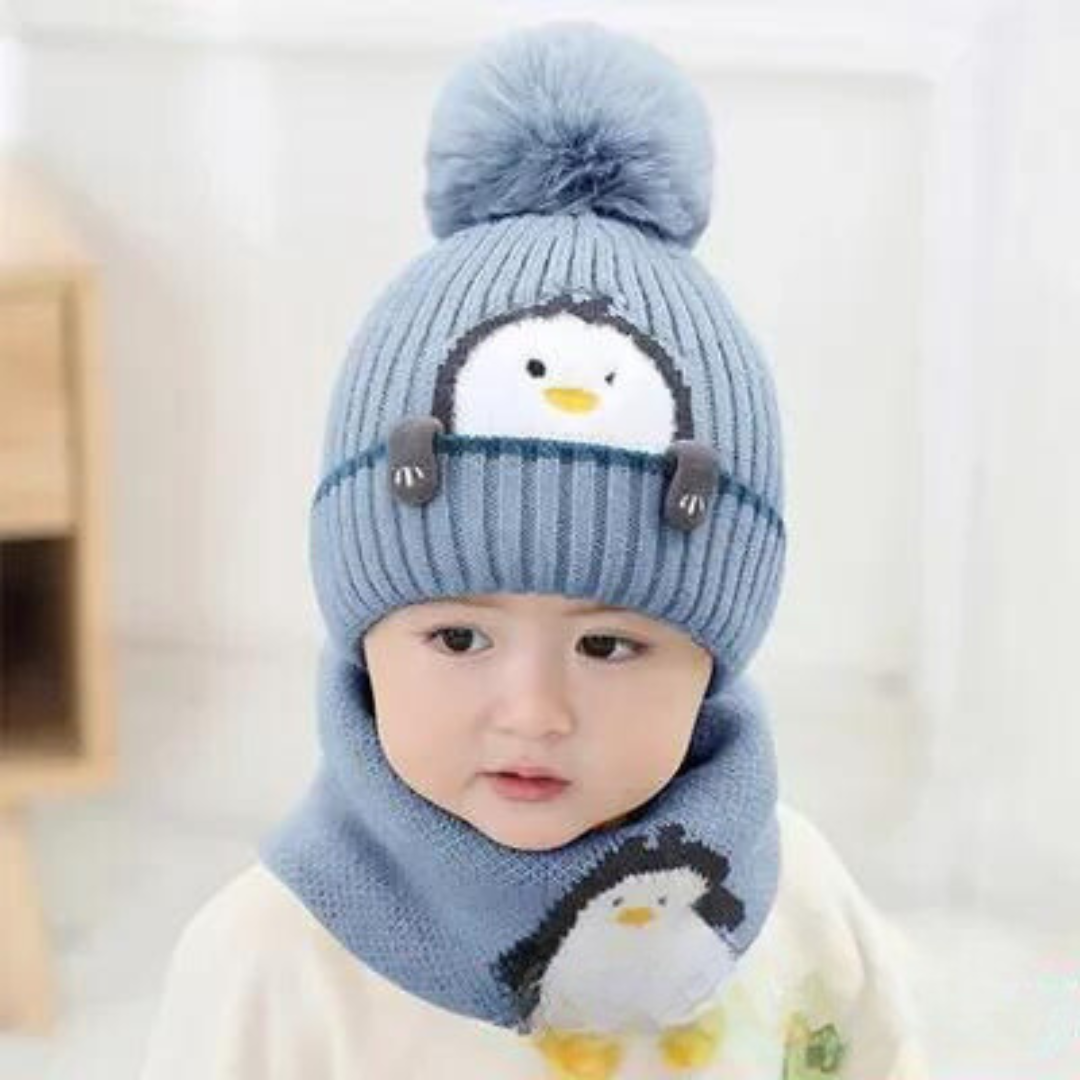 Mini fashion - niedliches pinguin-design - kindermütze und -schal