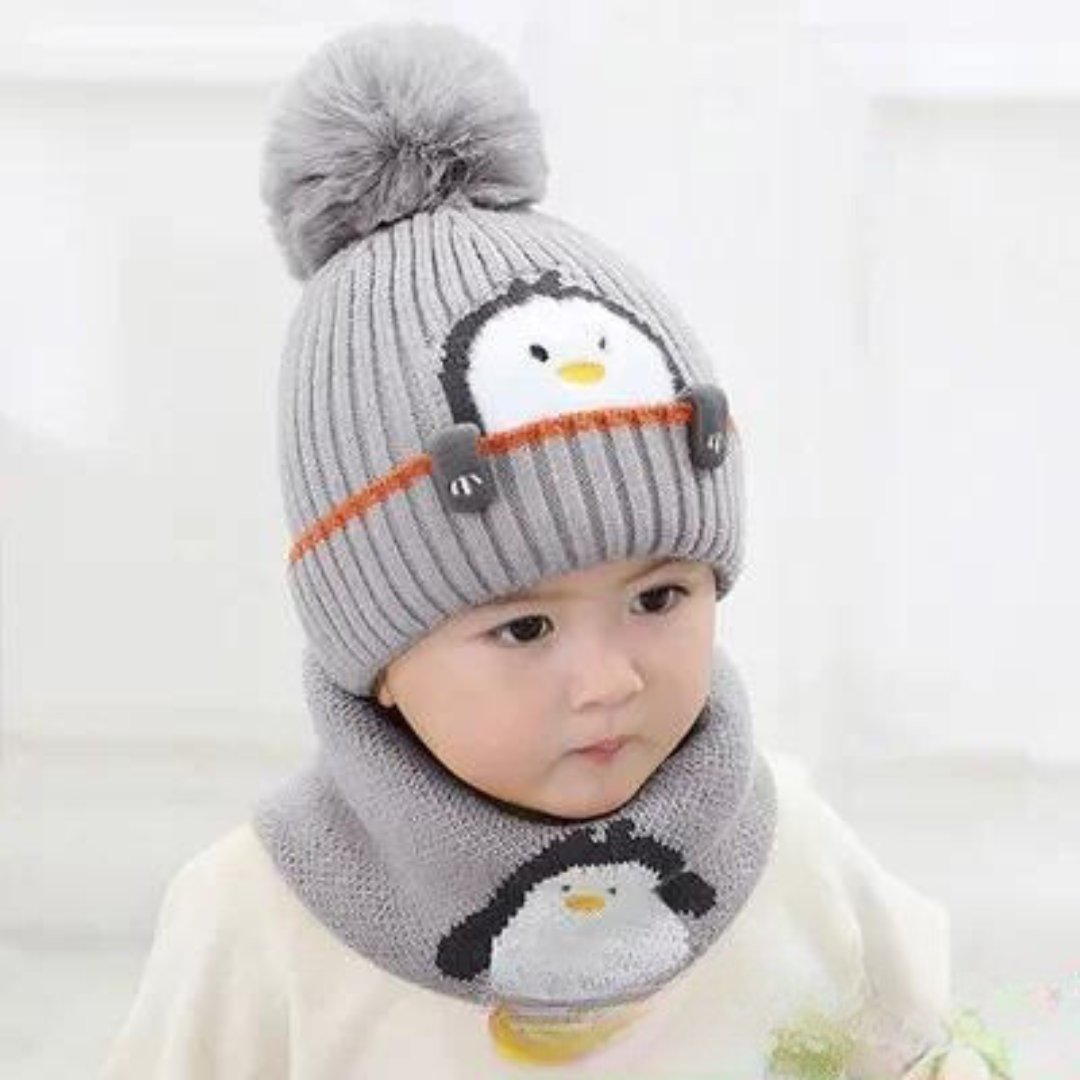 Mini fashion - niedliches pinguin-design - kindermütze und -schal