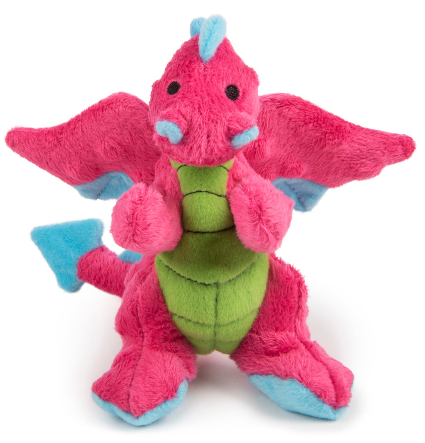 Side profile of the godog Dragons Gray Large Plush dog toy reveals a long dragon tale with purple accent "scales"