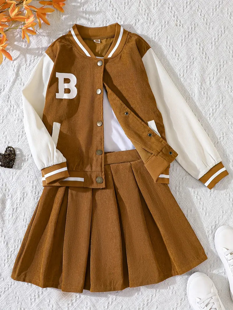 Aloysius - Mädchen 2tlg. Baseballjacke & Plisseerock, Brief B Print