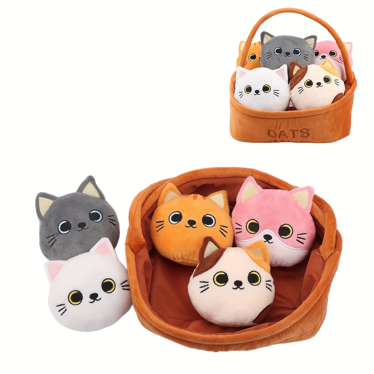 Molutian Plüsch-Katzenspielset – 6 Katzenfiguren mit Korb