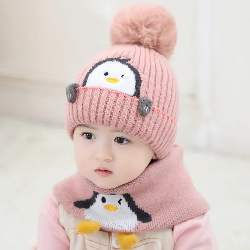 Mini fashion - niedliches pinguin-design - kindermütze und -schal