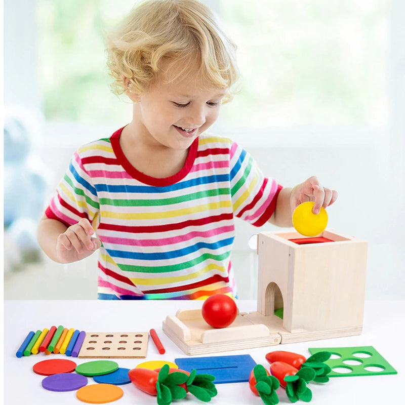 Montessori holz spielbox mit verschiedene aufgaben und lösungen