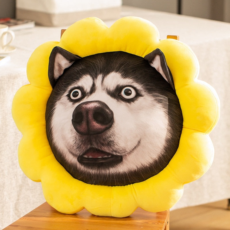 A girl with two Husky stuffed pillows in different designs