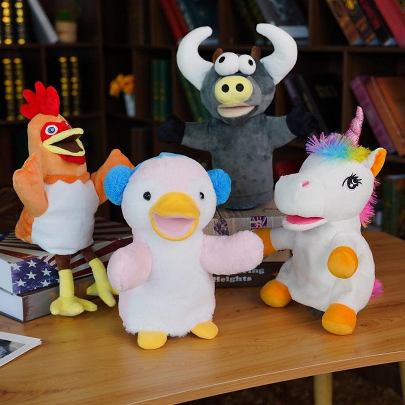 Niedliche Tier Plüsch Handpuppen, Stofftiere Hühner Einhorn Rinder Pinguine für Kinder