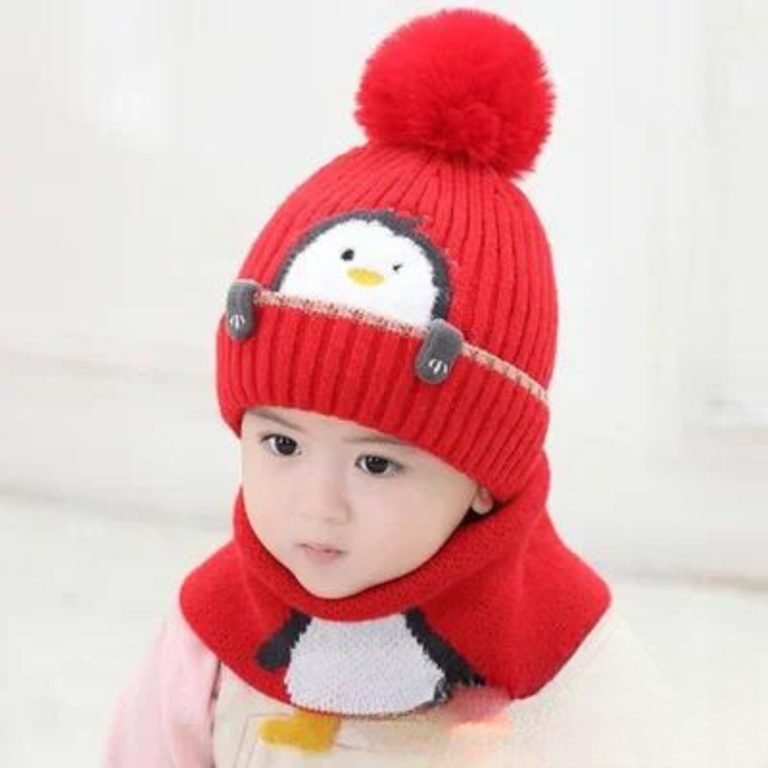 Mini fashion - niedliches pinguin-design - kindermütze und -schal
