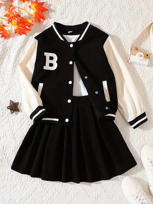 Aloysius - Mädchen 2tlg. Baseballjacke & Plisseerock, Brief B Print