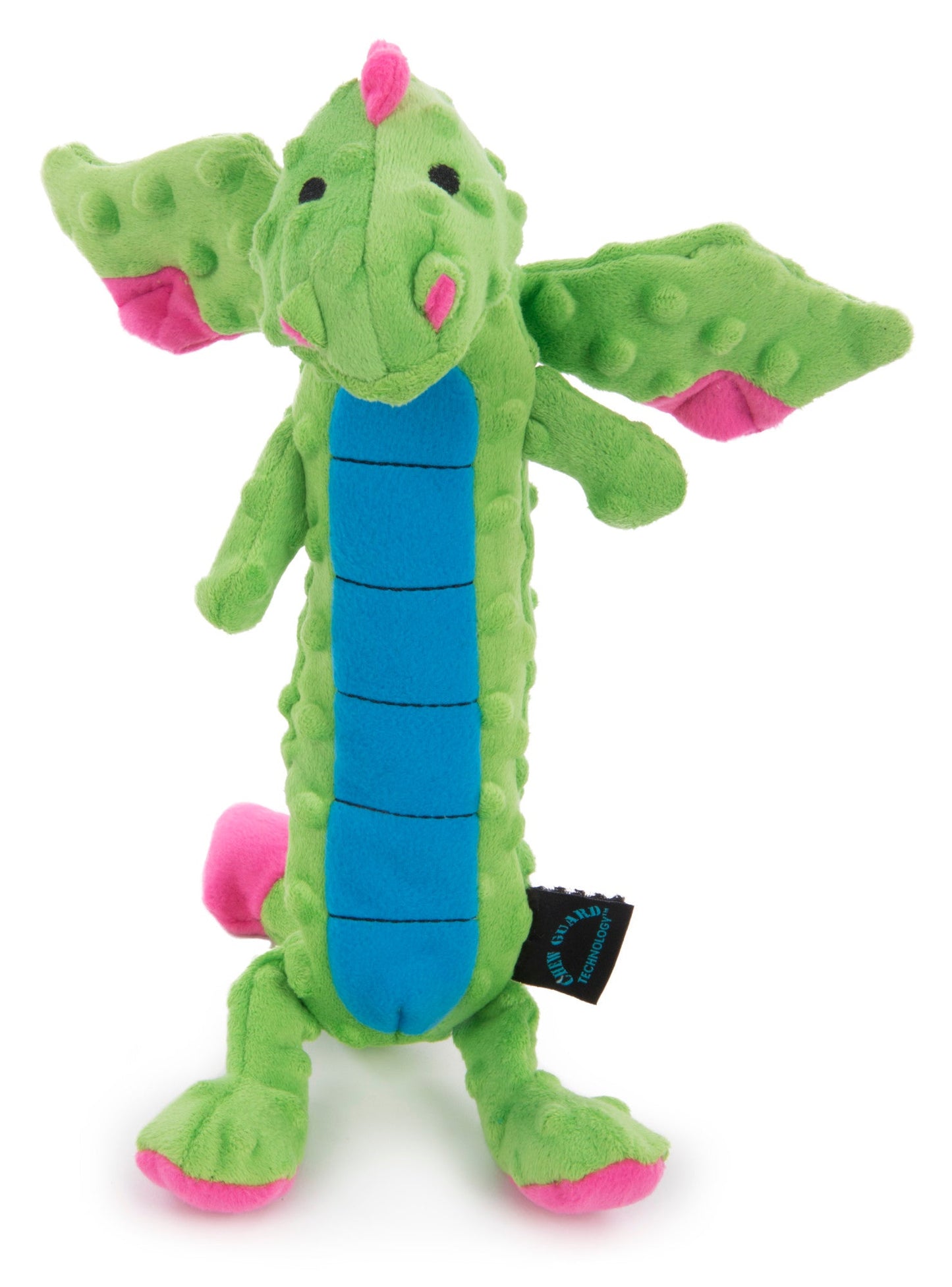 Dimensions indicate that the goDog Dragons Plush Large Pink Dog Toy is 9" by 5"