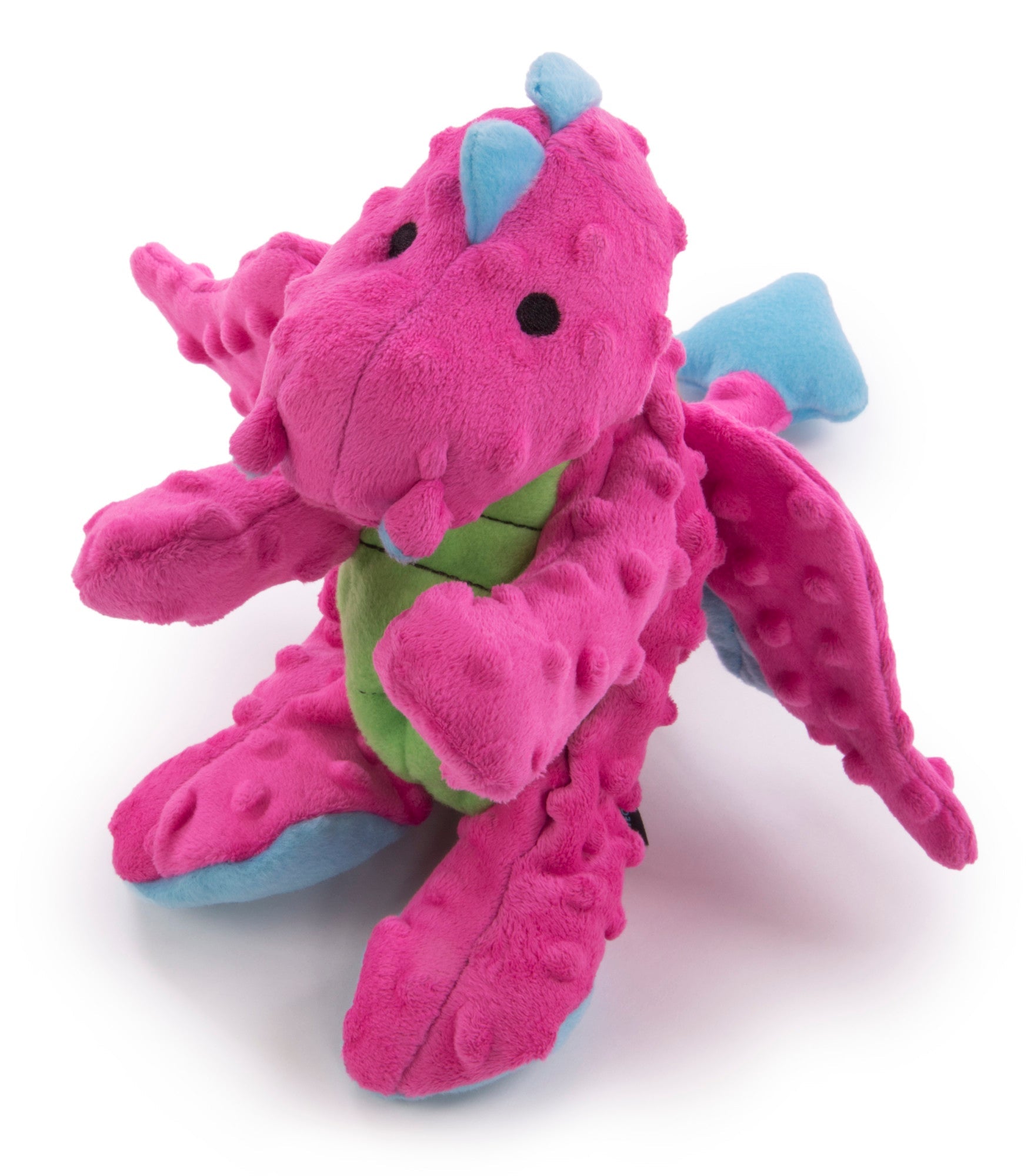 Dimensions of the godog dragons Large Coral Plush dog toy. Arrows indicate that the height is 9" and the length of the toy is 12"
