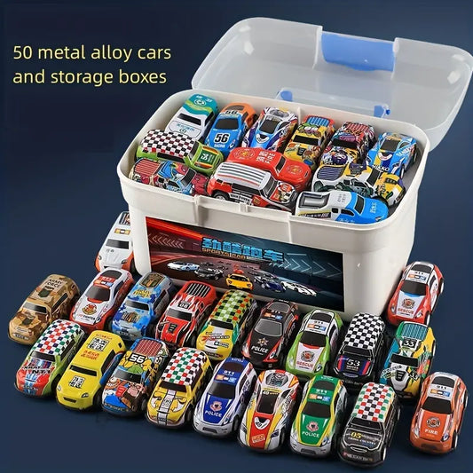 50 Mini Alu-Autos mit Box - Kinder-Spielzeug