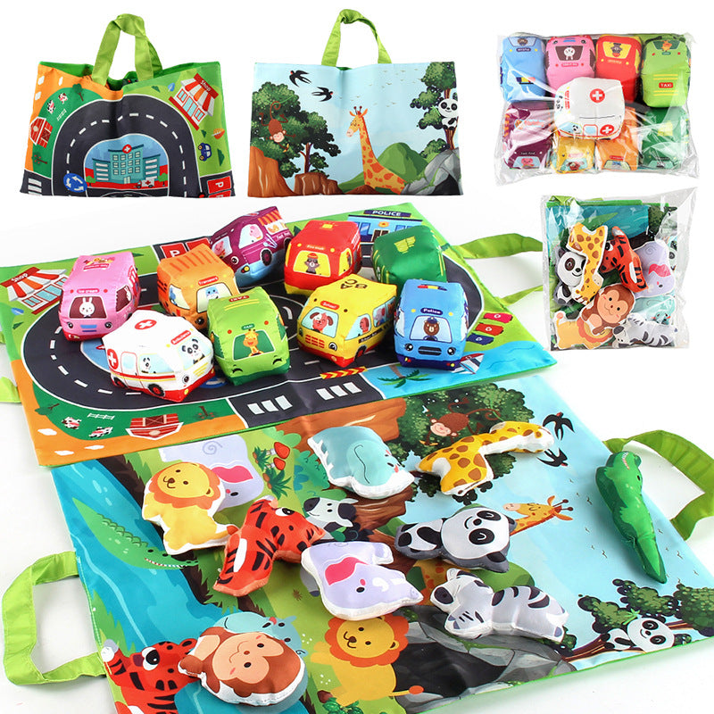 2in1 sensorische plüsch spielzeug autos mit strabenmatte und tasche für unterwegs