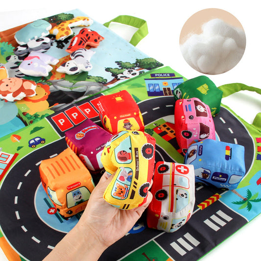2in1 sensorische plüsch spielzeug autos mit strabenmatte und tasche für unterwegs