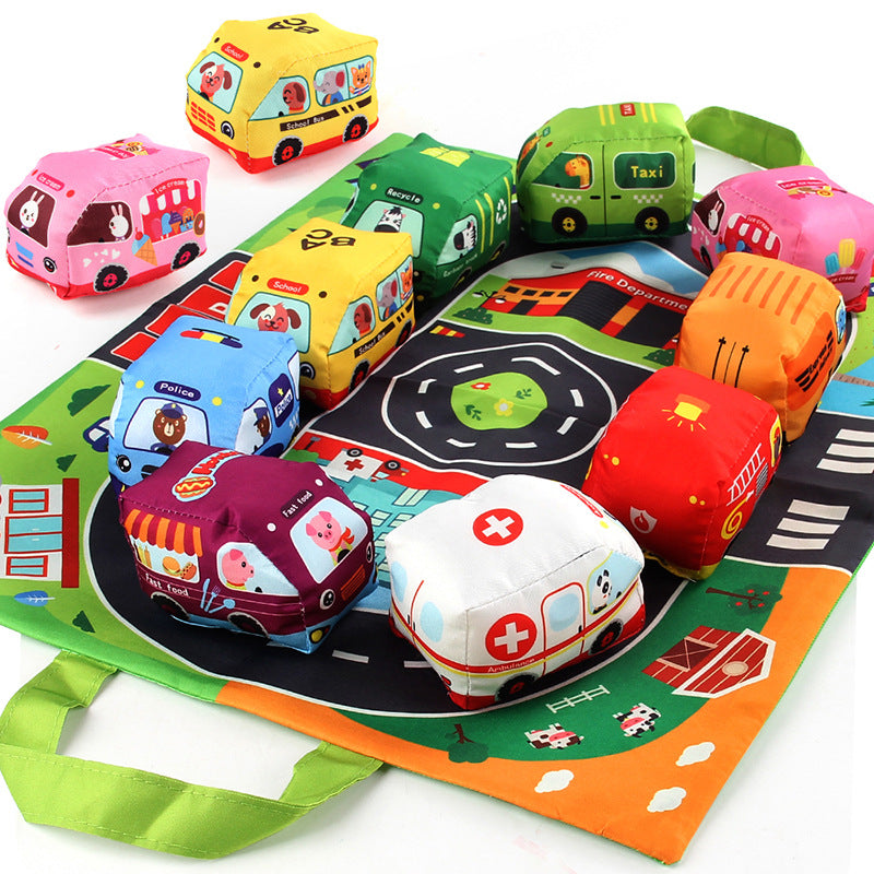 2in1 sensorische plüsch spielzeug autos mit strabenmatte und tasche für unterwegs