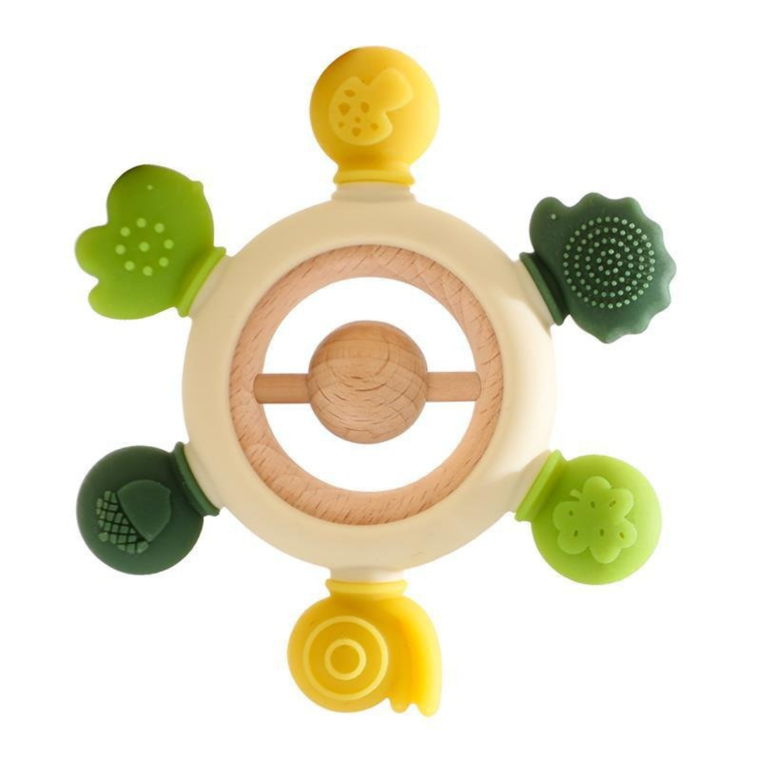 Baby spielzeug aus holz und silikon fürs zahnen