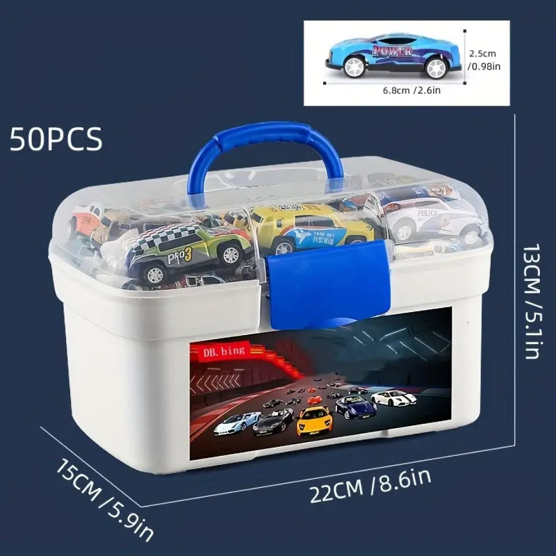 50 Mini Alu-Autos mit Box - Kinder-Spielzeug