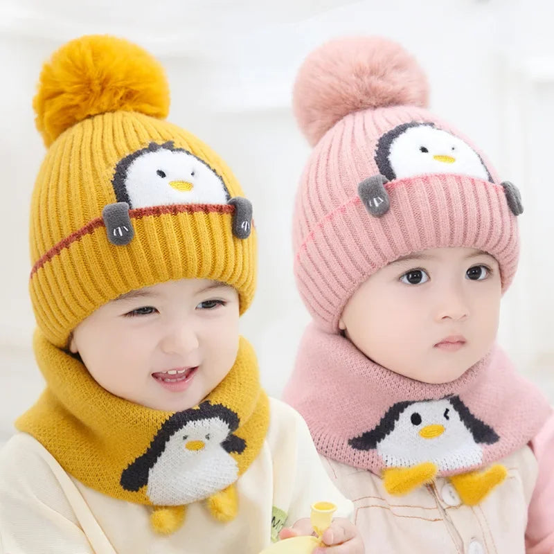 Mini fashion - niedliches pinguin-design - kindermütze und -schal