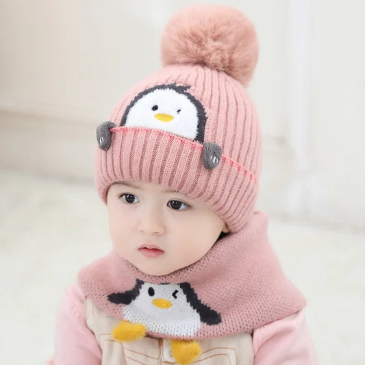 Mini fashion - niedliches pinguin-design - kindermütze und -schal