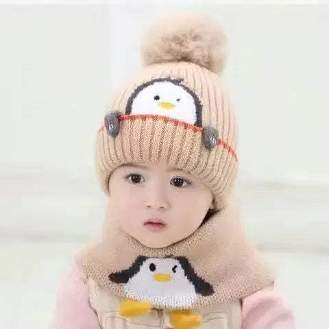Mini fashion - niedliches pinguin-design - kindermütze und -schal