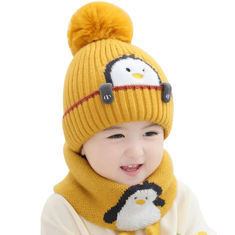 Mini fashion - niedliches pinguin-design - kindermütze und -schal