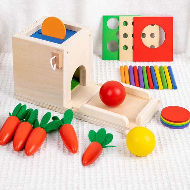 Montessori holz spielbox mit verschiedene aufgaben und lösungen