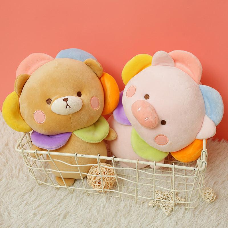 Kawaii Bär & Schweinchen Plüschpuppen mit niedlichen Blumenhüten
